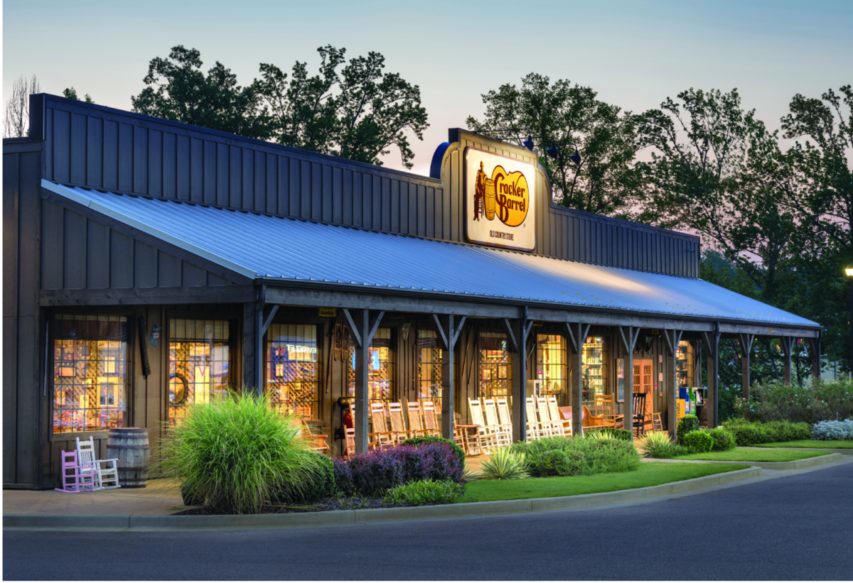 A Cracker Barrel Store exterior at night