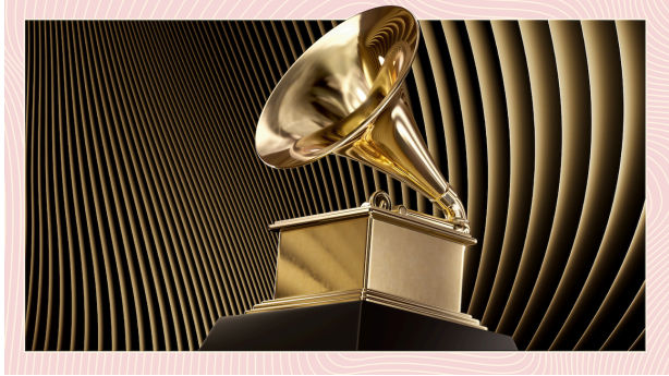 A 24-Karat Gold-Plate shaped like a classical gramophone popping out, a symbol of the
Recording Academy Awards, given to winners for their impact on music. With a black and gold
background and pink and white border, behind the Recording Academy award/Grammys award.
From the 68th edition Grammys, hosted on February 1st 2026.