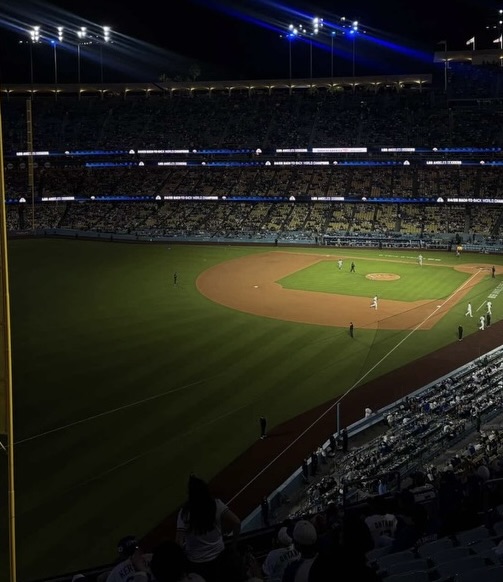 The Los Angeles Dodgers have recently just begun their newest 2026 season. Currently they have been performing exceptionally well, allowing fans to be very proud. The picture displays an overview of the Dodger stadium at night during a long game. 