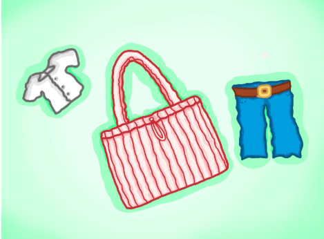 A cartoon drawing of multiple dance items laid out such as white button up, denim jeans with a brown belt, and a pink bag behind a green background, and highlighted with a light green color. 
