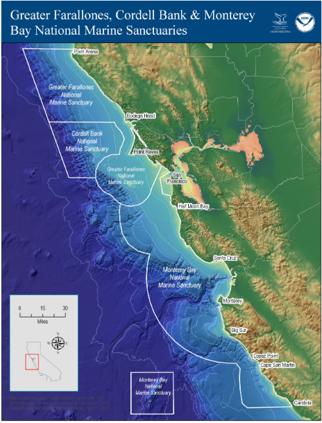 El mapa de los santuarios marinos nacionales ubicados en California, en 2026, con el fin de mejorar la calidad de vida de las diferentes especies marinas que se encuentran en esta parte del estado.
