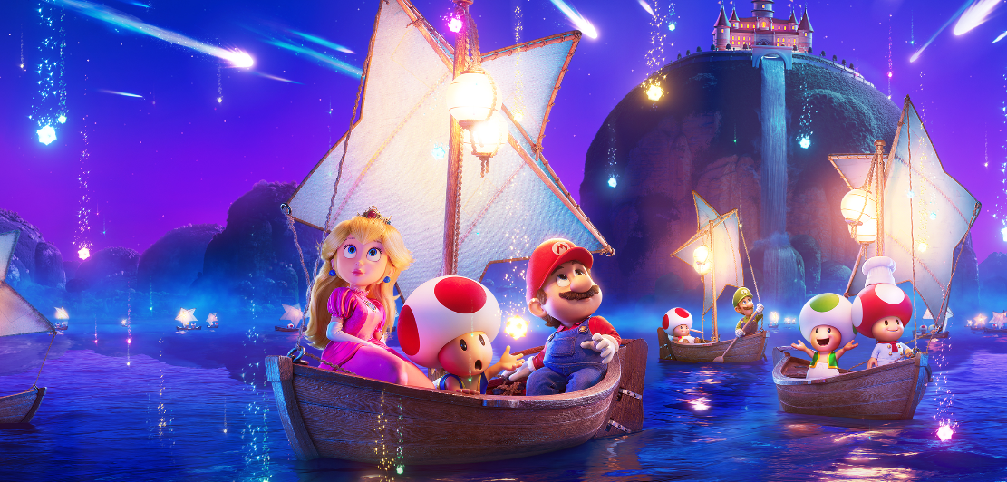 Los personajes de la nueva película The Super Mario Galaxy movie, en uno de los posters que se publicaron en los medios antes del estreno de la película, para la promoción de la misma.
